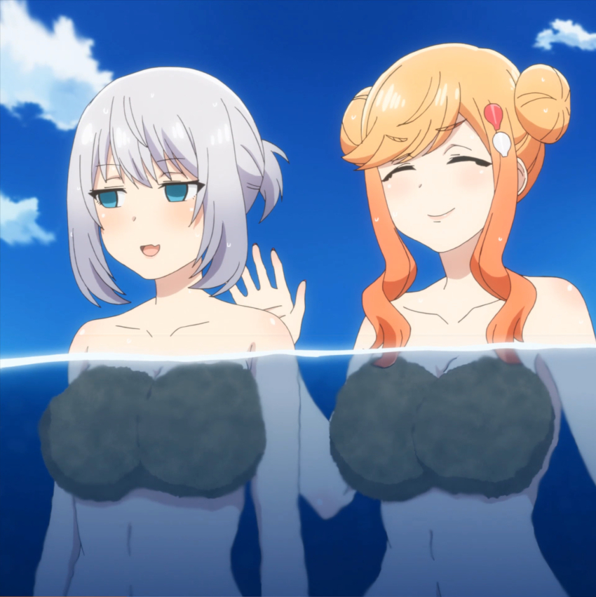 2girls blue_eyes blush breasts cloud closed_eyes highres large_breasts multiple_girls nail_polish orange_hair outdoors partially_submerged saki-chan_(tejina_senpai) sand screencap silver_hair sky tejina_senpai tejina_senpai_(series) underwater