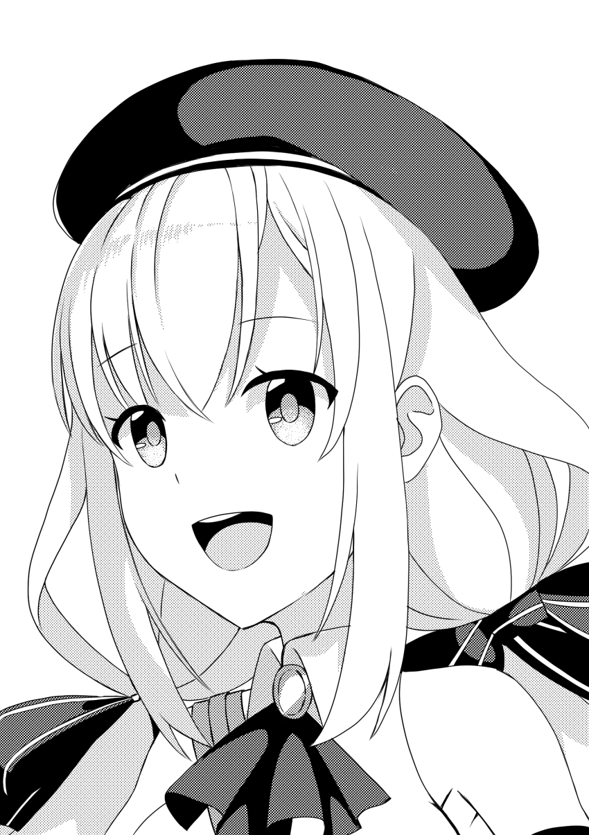 1girl :d absurdres ascot assault_lily bare_shoulders beret bow collared_shirt commentary_request greyscale hair_between_eyes hair_bow hat highres long_hair looking_ahead low_twintails monochrome odaiba_girls_high_school_uniform open_mouth portrait school_uniform shirt shoulder_strap sidelocks sleeveless sleeveless_shirt smile solo striped_bow takehisa_nakaba teeth twintails upper_teeth_only white_background yadoo
