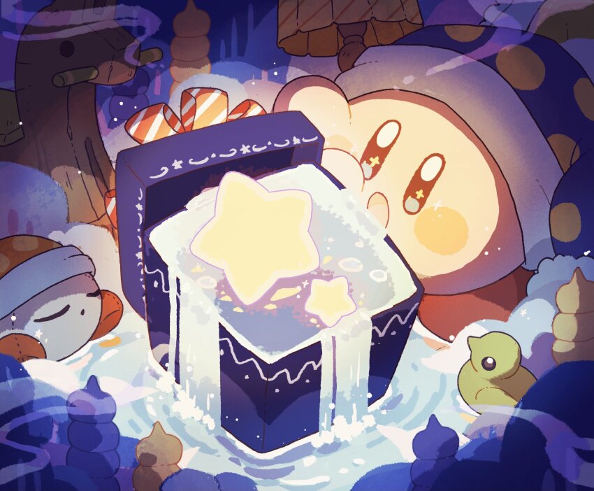 :o blue_eyes blush_stickers bubble character_playing_cards colored_skin dark_foreground fur-trimmed_headwear fur_trim gift glowing harukui hat highres kirby kirby_(series) lamp nightcap nintendo no_humans noddy_(kirby) open_mouth opening orange_headwear pink_skin polka_dot_headwear pom_pom_(clothes) purple_headwear red_footwear red_ribbon ribbon ripples rubber_duck shell shoes sleep_kirby smoke sparkling_eyes star_(symbol) striped_ribbon water waterfall