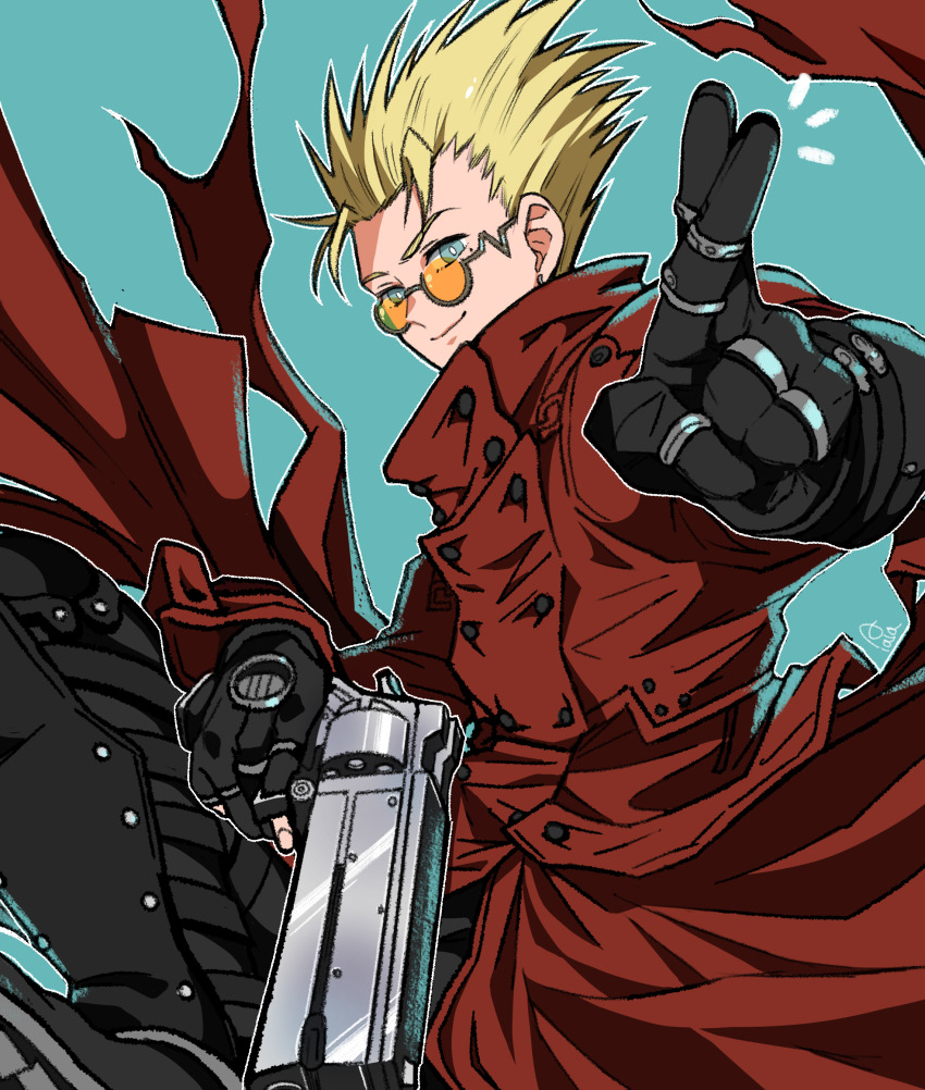 1boy agl_arms_.45_long_colt black_gloves blonde_hair blue_background blue_eyes break-action_revolver coat gloves gun handgun highres holding holding_gun holding_weapon long_sleeves outline red_coat revolver solo spiked_hair sunglasses sushi_pizza_rrr tinted_eyewear trigun vash_the_stampede weapon white_outline yellow-tinted_eyewear