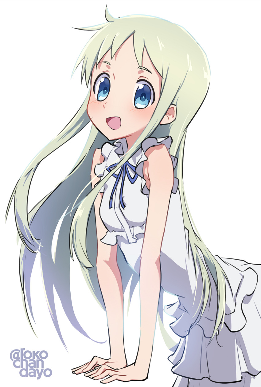 1girl ano_hi_mita_hana_no_namae_wo_bokutachi_wa_mada_shiranai. blue_eyes blue_ribbon commentary_request cowboy_shot dress highres honma_meiko long_hair looking_at_viewer neck_ribbon open_mouth ribbon rokochandayo simple_background sleeveless sleeveless_dress solo sundress twitter_username white_background white_dress