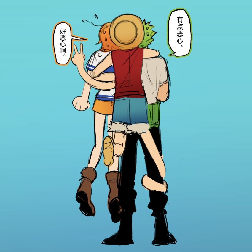 1girl 2boys arm_around_shoulder arms_around_waist black_pants blue_background blue_shorts boots brown_boots devil_fruit_power elasticity flying_sweatdrops from_behind full_body fur-trimmed_shorts fur_trim gradient_background green_hair hashtag-only_commentary hat heads_together highres ki2ri5 lifting_person miniskirt monkey_d._luffy multiple_boys nami_(one_piece) nami_(one_piece)_(east_blue) omake one_piece orange_hair pants red_shirt roronoa_zoro shirt short_hair short_sleeves shorts skirt speech_bubble standing straw_hat straw_hat_pirates stretched_limb sweatdrop taking_picture translation_request v white_shirt yellow_skirt