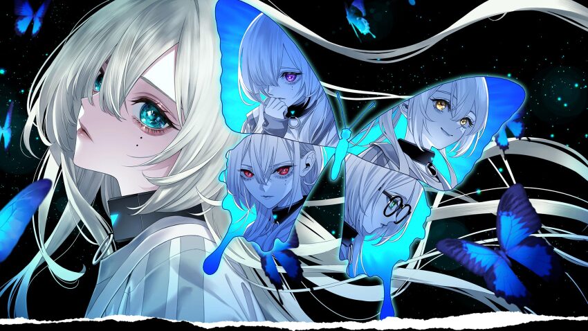 5girls aqua_eyes bug butterfly collar glasses green_eyes highres insect jacket key_visual long_hair looking_at_viewer multiple_girls multiple_persona multiple_views official_art promotional_art purple_eyes red_eyes sofia_(sofia_wa_uso) sofia_wa_uso_to_hikikae_ni upper_body white_hair white_jacket yellow_eyes