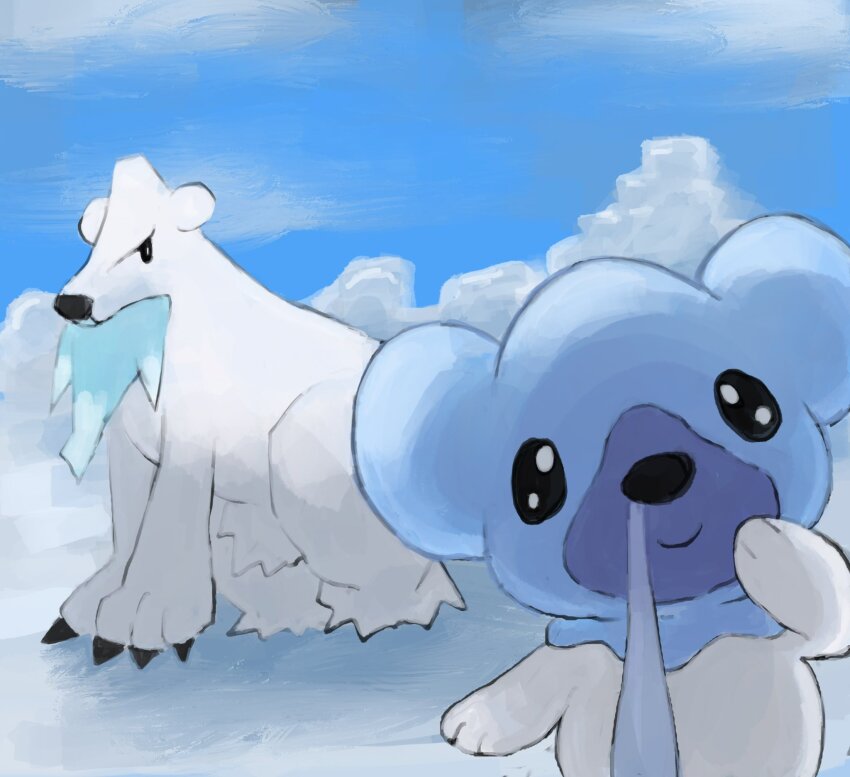 beartic blue_sky cubchoo day evolutionary_line gen_5_pokemon highres looking_at_viewer nintendo no_humans outdoors panha pokemon pokemon_(creature) sky snow white_fur