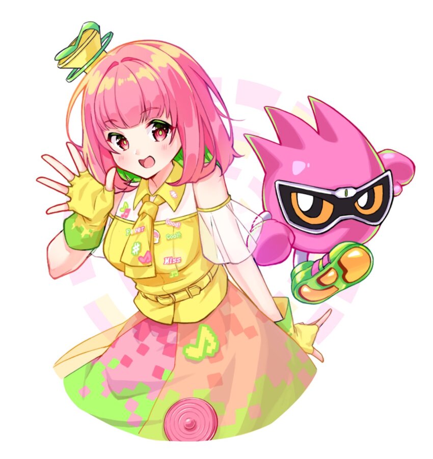 1girl bare_shoulders belt blue_eyes chibi commentary fingerless_gloves gloves hair_ornament hat highres kamen_rider kamen_rider_ex-aid kamen_rider_ex-aid_(series) looking_at_viewer mighty_action_x_level_1 musical_note necktie open_mouth pink_hair poppi_pipopapo red_eyes short_hair smile solo thousand_(sentyuu89) white_background