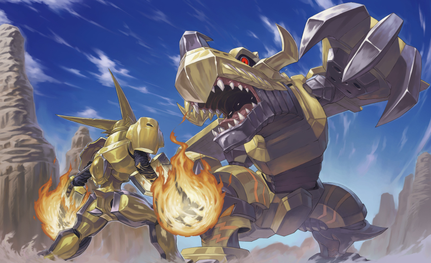 digimon digimon_(creature) digimon_xros_wars fighting highres horns looking_at_another omegashoutmon open_mouth red_eyes sharp_teeth teeth zekegreymon