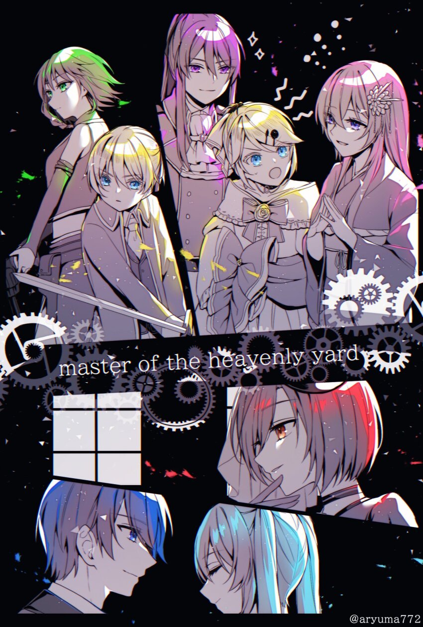 3boys 5girls allen_avadonia anniversary aqua_eyes aqua_hair aryuma772 banica_conchita blonde_hair blue_eyes brown_eyes dress_flower english_text evillious_nendaiki flower gallerian_marlon gears green_eyes green_hair gumi hakaba_no_aruji hatsune_miku high_ponytail highres hiiragi_kagami kagamine_rin kaito_(vocaloid) kamui_gakupo limited_palette master_of_the_heavenly_yard_(vocaloid) megurine_luka meiko_(vocaloid) michelle_marlon multiple_boys multiple_girls muted_color nemesis_sudou off_shoulder pink_hair ponytail purple_eyes purple_hair red_hair riliane_lucifen_d&#039;autriche sateriasis_venomania song_name sudou_kayo twitter_username vocaloid window
