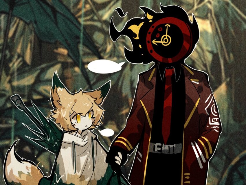 1boy 1other aislan animal_ears black_gloves blonde_hair clock coat collared_shirt dante_(limbus_company) e.g.o_(project_moon) fox_boy fox_ears fox_tail gloves holding_hands limbus_company long_sleeves looking_at_another necktie object_head open_mouth project_moon raincoat red_coat red_necktie shirt short_hair sinclair_(project_moon) speech_bubble standing sunshower_(e.g.o) tail umbrella upper_body white_coat yellow_eyes