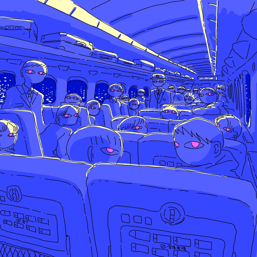 6+boys 6+girls absurdres airplane_interior flat_chest flight_attendant hat highres jacket limited_palette looking_at_viewer multiple_boys multiple_girls no_mouth no_nose original pink_eyes purple_theme ryaw short_hair suitcase travel_attendant window