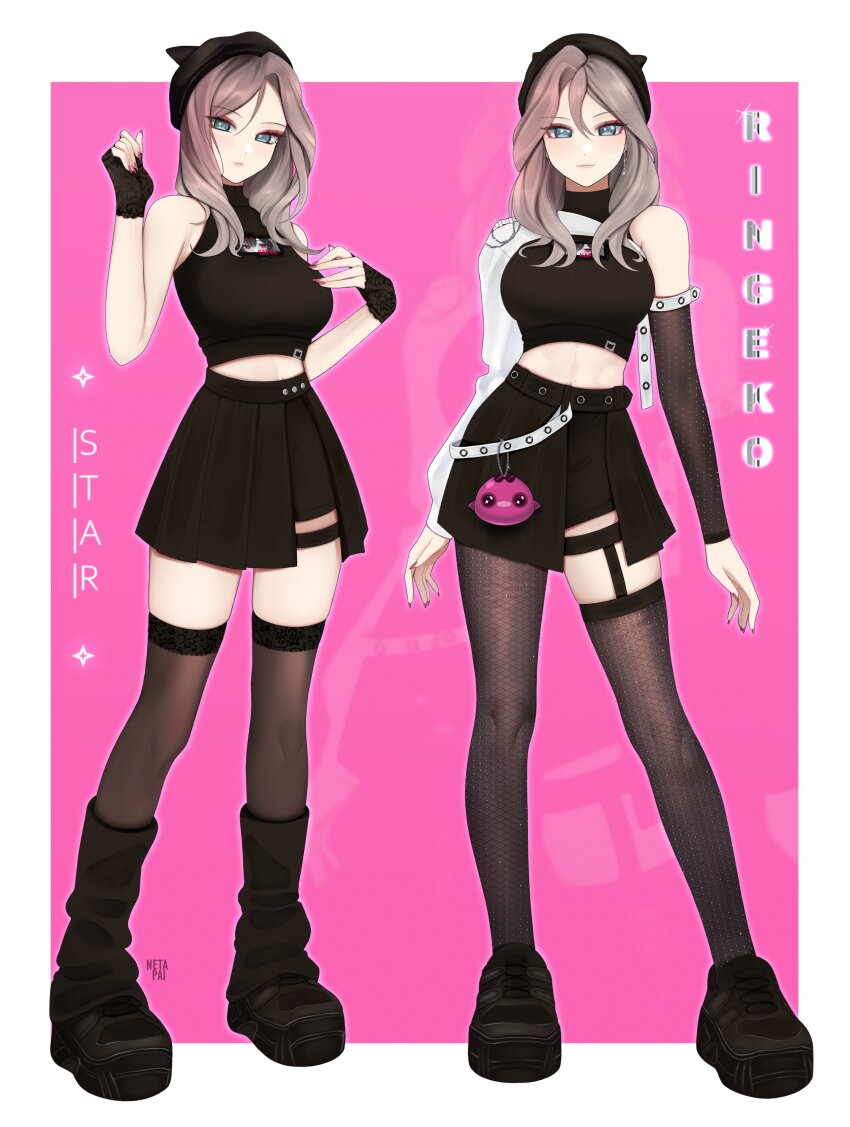absurdres artist_name asymmetrical_clothes asymmetrical_legwear black_gloves black_hat black_thighhighs blue_eyes boots borrowed_character breasts brown_hair commentary contrapposto earrings fingerless_gloves gloves hat high-waist_skirt highres jewelry large_breasts midriff miniskirt netapai1 original skirt sleeveless sleeveless_turtleneck thigh_strap thighhighs turtleneck