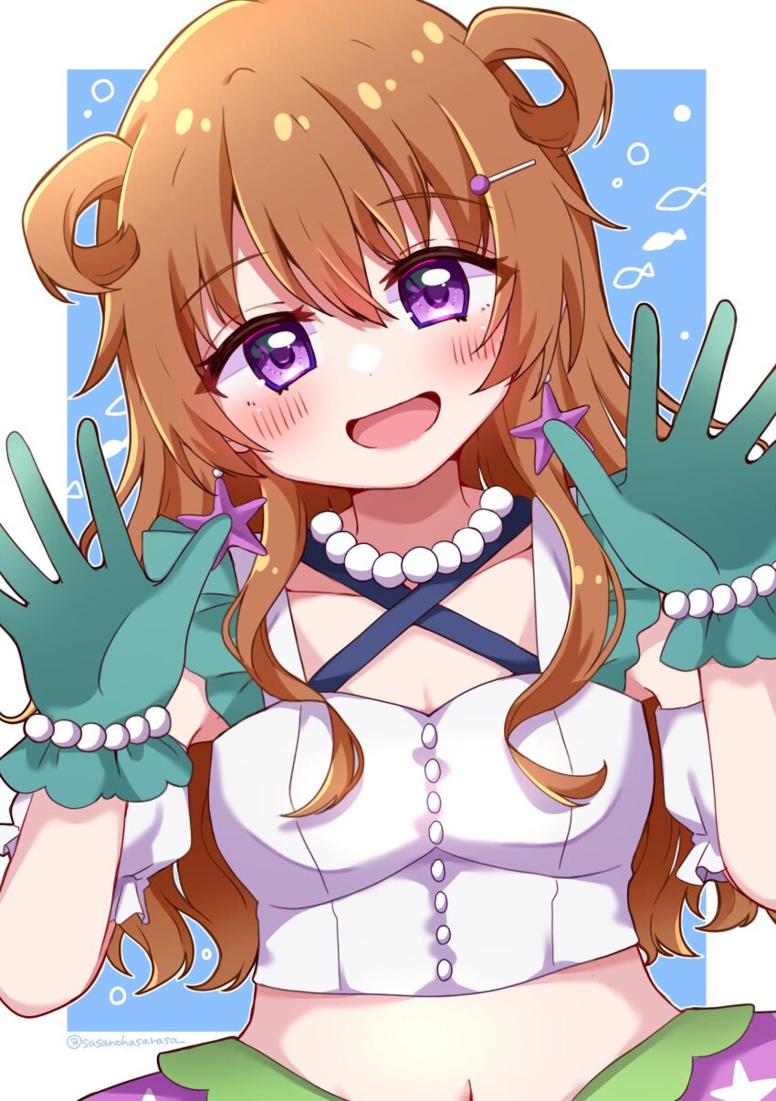 1girl :d aqua_gloves blue_background blush breasts brown_hair cleavage collarbone commentary_request daydream_mermaid derivative_work fish_background frilled_gloves frills gloves hair_between_eyes hair_horns hair_ornament hairclip highres konoe_kanata long_hair love_live! love_live!_nijigasaki_high_school_idol_club love_live!_nijigasaki_high_school_idol_club_the_movie_-_finale medium_breasts midriff navel official_alternate_costume open_mouth outside_border purple_eyes sasakura_sakura shirt simple_fish sleeveless sleeveless_shirt smile solo teeth upper_body upper_teeth_only white_shirt