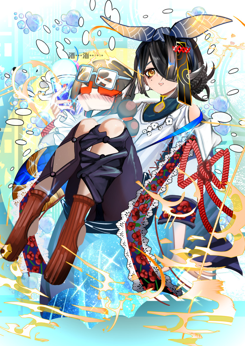 1girl absurdres character_doll chinese_clothes cup doll eyewear_on_head fate/grand_order fate_(series) full_body hair_over_one_eye highres holding holding_cup kitsunebi44410 knees_up lady_yu_doll legs_together mole mole_under_eye robe sitting solo sparkle tassel water white_robe xu_fu_(fate) yellow_eyes