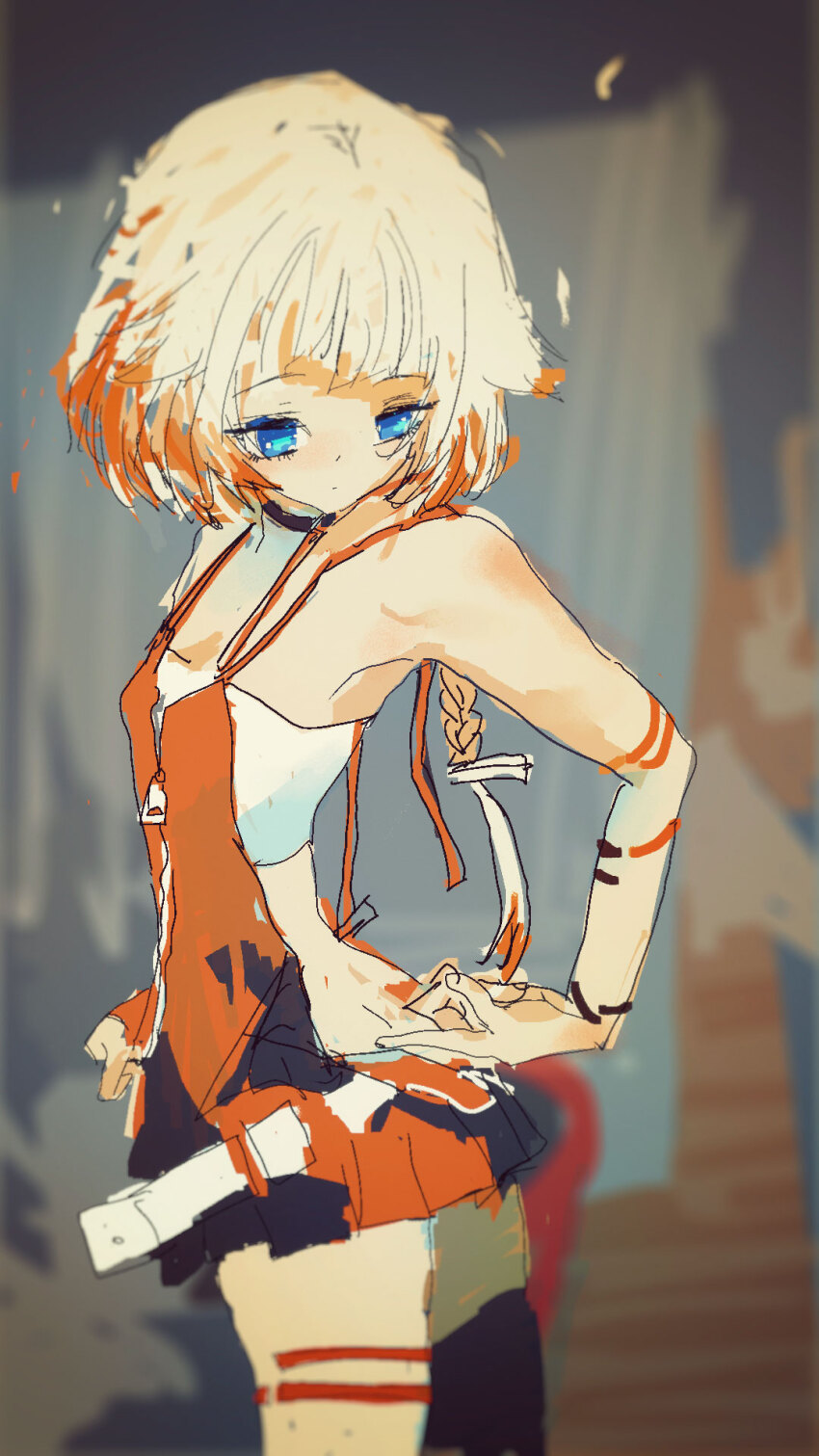 1girl arched_back backless_dress backless_outfit bandeau belt black_choker black_dress black_thighhighs blonde_hair blue_eyes blurry blurry_background braid braided_ponytail breasts butt_crack cevio choker closed_mouth commentary dress feet_out_of_frame from_side hair_flaps highres indoors kabuyama_kaigi long_hair looking_back looking_down microdress one_(cevio) orange_dress orange_hair single_thighhigh sleeveless sleeveless_dress small_breasts solo spaghetti_strap standing thighhighs twisted_torso two-tone_dress white_bandeau white_belt zipper