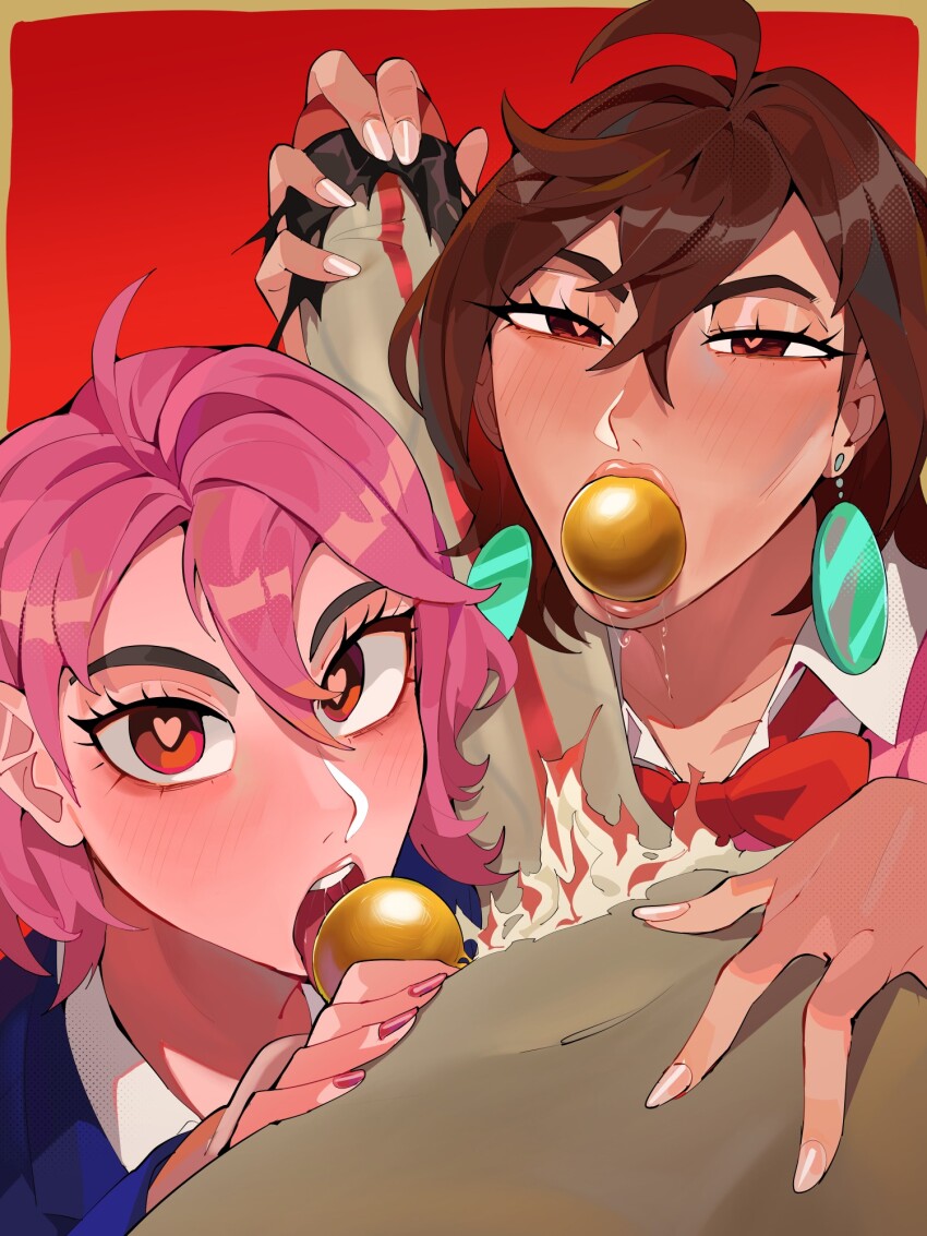 1boy 2girls ayase_momo ball blush brown_hair dandadan diforland fellatio ffm_threesome group_sex heart heart-shaped_pupils highres large_penis licking licking_testicle multiple_girls oral penis pink_hair pov shiratori_aira_(dandadan) symbol-shaped_pupils takakura_ken_(dandadan) takakura_ken_(transformed)_(dandadan) testicles threesome