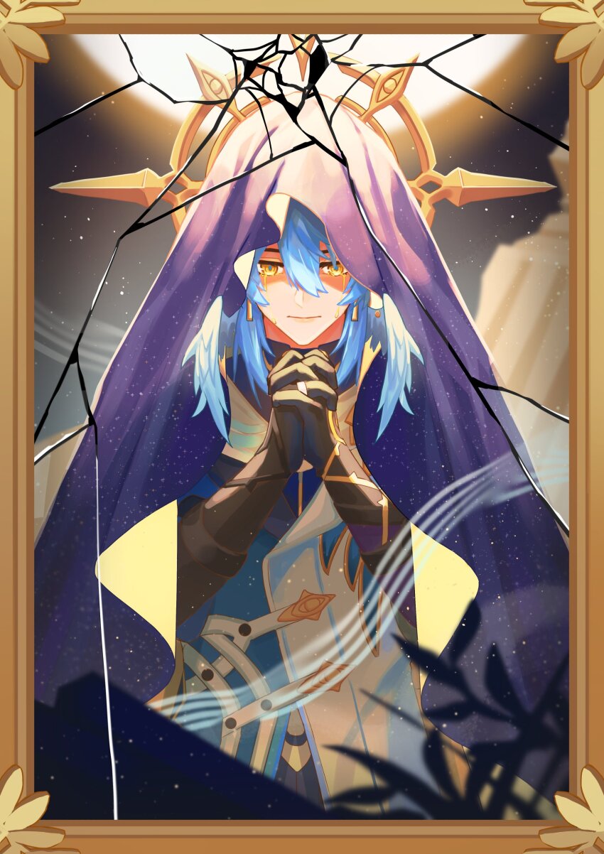 1boy absurdres border broken_mirror cloak closed_mouth coat crying earrings eye_symbol feathered_wings gloves gold_earrings hair_between_eyes halo halo_behind_head head_wings highres honkai:_star_rail honkai_(series) hood hooded_cloak jewelry looking_at_mirror male_focus medium_hair mirror multicolored_coat nekonekomiii ornate_border piercing praying sad_smile spiked_halo streaming_tears sunday_(honkai:_star_rail) tears white_wings wing_piercing wings yellow_eyes