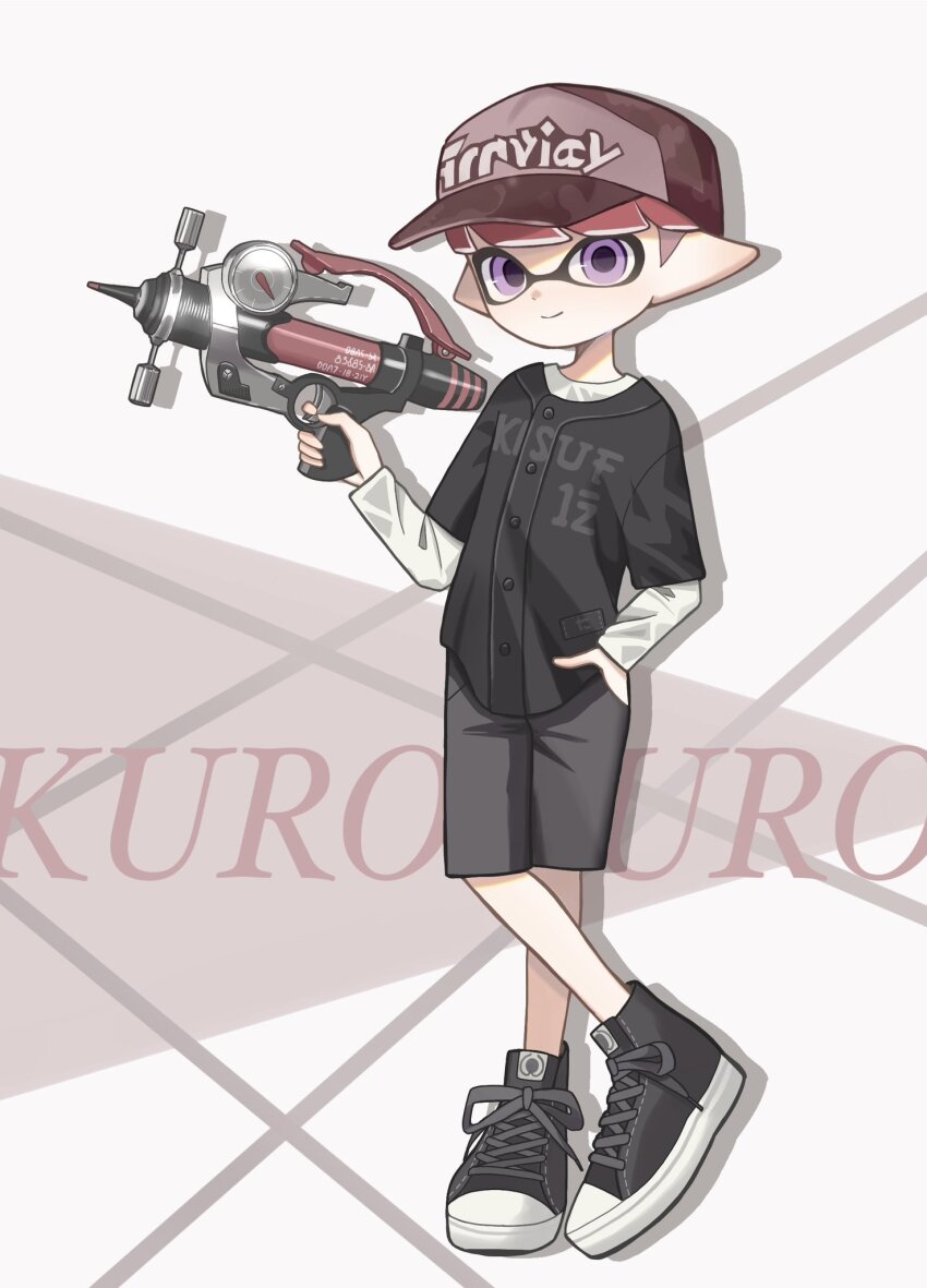 1boy baseball_cap black_footwear black_shirt black_shorts closed_mouth commentary_request cross-laced_footwear crossed_legs dot_nose full_body grey_background grey_hat gun hand_in_pocket hat highres holding holding_gun holding_weapon inkling inkling_boy inkling_player_character looking_at_viewer male_focus nintendo osakanagumi11 pointy_ears print_hat print_shirt purple_eyes shirt short_hair shorts smile solo splash-o-matic_(splatoon) splatoon_(series) splatoon_3 tentacle_hair two-tone_background undershirt weapon white_background white_shirt