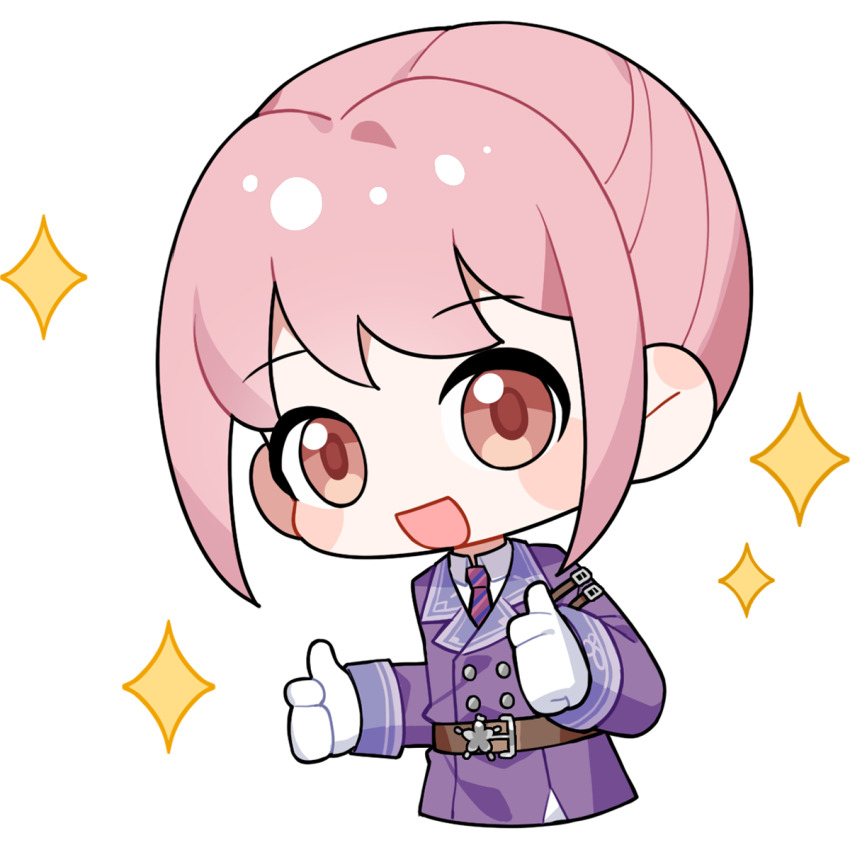 1girl arm_belt artist_request belt belt_buckle blue_necktie blue_sleeve_cuffs blush_stickers brown_belt brown_eyes buckle buttons coat collared_coat collared_shirt cropped_torso double-breasted double_thumbs_up gloves guard&#039;s_resolve_(infinity_nikki) half_updo happy highres infinity_nikki lapels long_sleeves looking_at_viewer military_uniform necktie nikki_(nikki) nikki_(series) notched_lapels official_art open_mouth pink_hair purple_coat red_necktie shirt short_hair smile solo striped_necktie tareme thumbs_up transparent_background two-tone_necktie white_gloves white_shirt