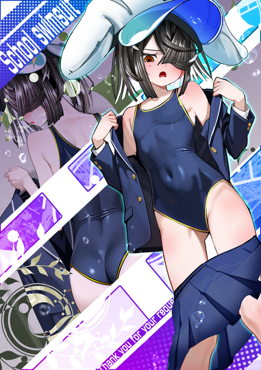 1girl absurdres alternate_costume ass bare_shoulders black_hair blue_jacket blue_one-piece_swimsuit blue_skirt blush breasts brown_eyes commission competition_school_swimsuit covered_navel fate/grand_order fate_(series) hair_over_one_eye hat highres jacket kitsunebi44410 long_sleeves looking_at_viewer miniskirt mole mole_under_eye multiple_views off_shoulder one-piece_swimsuit pixiv_commission school_swimsuit short_hair skirt small_breasts swimsuit swimsuit_under_clothes thighs white_hat xu_fu_(fate) xu_fu_(swimsuit_avenger)_(third_ascension)_(fate) yin_yang yin_yang_print