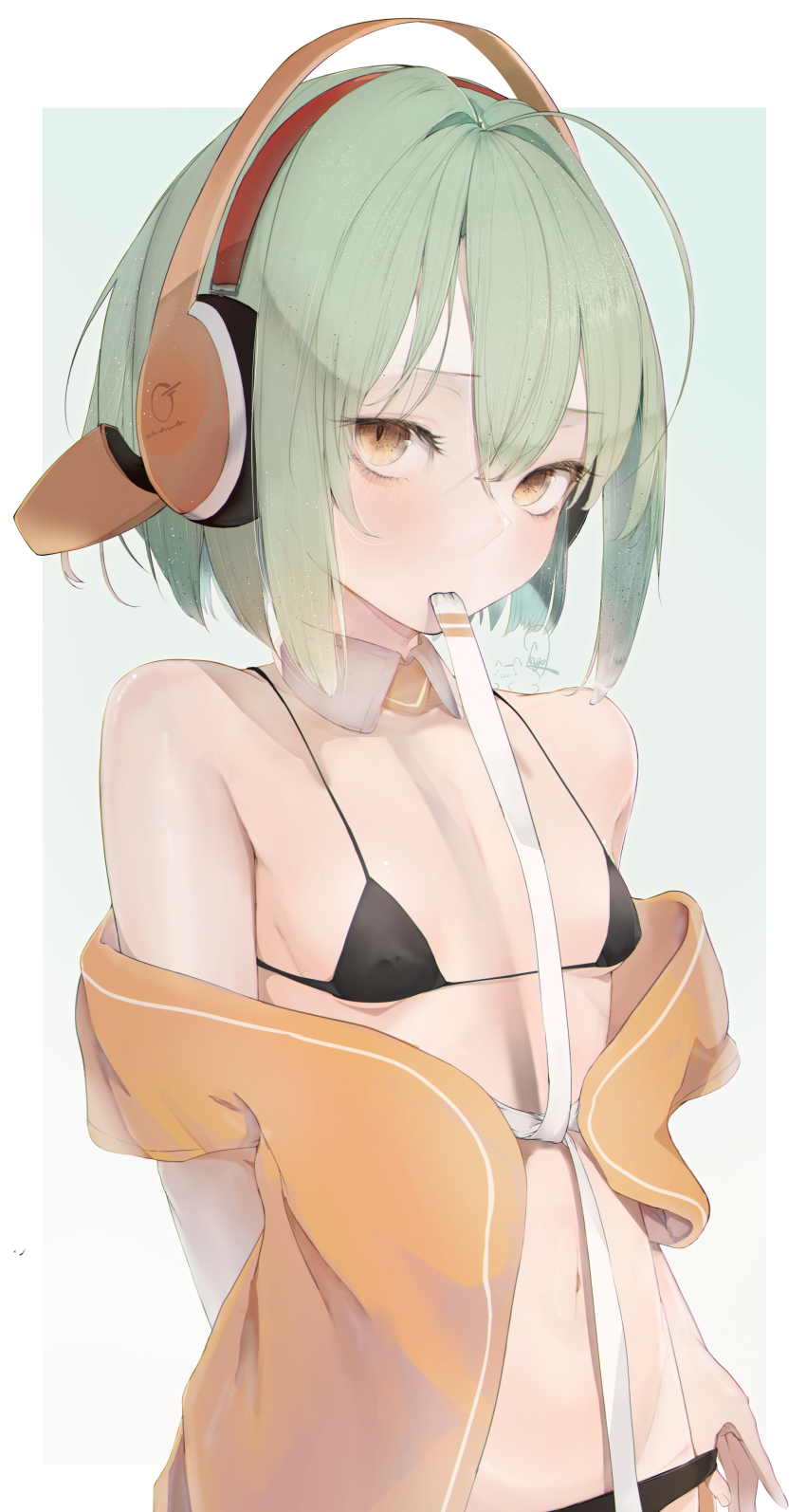 1girl absurdres ahoge arms_behind_back bare_shoulders bikini black_bikini black_panties blush breasts chunithm covered_erect_nipples detached_collar green_hair groin hair_between_eyes headphones highres kisaragi_yaya looking_at_viewer micro_bikini mouth_hold navel off_shoulder open_clothes orange_eyes orange_shirt panties panty_pull ribbon ribbon_in_mouth shirt short_hair signature sky_feather_(chunithm) small_breasts solo swimsuit underwear undressing untying upper_body