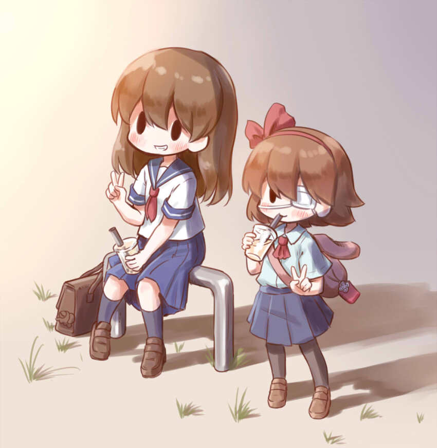 2girls arinu bag blush bubble_tea cup drink drinking_straw hair_ribbon holding holding_drink multiple_girls pleated_skirt protagonist&#039;s_sister_(yomawari) protagonist_(yomawari) red_ribbon ribbon shirt shoulder_bag simple_background skirt white_shirt yomawari yomawari_(series)