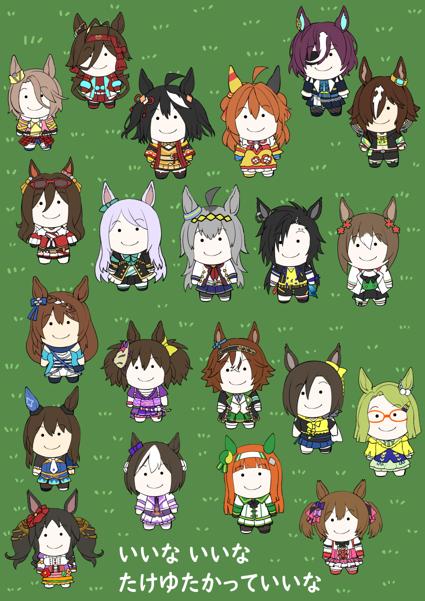 6+girls absurdres admire_vega_(umamusume) ahoge air_groove_(umamusume) air_messiah_(umamusume) air_shakur_(umamusume) animal_ears aramori_susumu asymmetrical_footwear bamboo_memory_(umamusume) black_bow black_bowtie black_hair black_hairband black_jacket black_pantyhose blue_necktie blue_skirt blunt_bangs bow bowtie brown_hair capelet chibi clover_hair_ornament copano_rickey_(umamusume) double_bun ear_bow ear_covers ear_ribbon ear_scrunchie eyepatch eyewear_on_head fine_motion_(umamusume) fox_mask fox_shadow_puppet grass green_bow green_bowtie green_hair green_skirt grey_hair hair_between_eyes hair_bow hair_bun hair_ornament hair_over_one_eye hairband highres hime_cut horse_ears horse_girl inari_one_(umamusume) jacket kitasan_black_(umamusume) long_hair low_ponytail manga_nippon_mukashi_banashi marvelous_sunday_(umamusume) mask mask_on_head mejiro_mcqueen_(umamusume) mismatched_footwear multicolored_hair multiple_girls narita_taishin_(umamusume) neckerchief necktie ningen_tte_iina no_reason_(umamusume) oguri_cap_(umamusume) orange_hair pantyhose pink_bow ponytail purple_bow purple_hair red-framed_eyewear red_neckerchief red_ribbon red_scrunchie ribbon scrunchie seeking_the_pearl_(umamusume) short_hair silence_suzuka_(umamusume) single_ear_cover skirt smart_falcon_(umamusume) special_week_(umamusume) sunglasses super_creek_(umamusume) swept_bangs take_yutaka tanino_gimlet_(umamusume) trait_connection twintails two-tone_hair umamusume vodka_(umamusume) white_capelet white_hair white_hairband white_jacket white_necktie white_skirt yellow_bow
