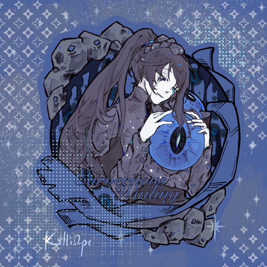 1boy absurdres aqua_eyes armor black_armor black_eyes black_hair black_undershirt cavernous_wailing_(e.g.o) crying e.g.o_(project_moon) eyeball hands_up head_tilt heterochromia high_ponytail highres holding_eyeball hong_lu_(project_moon) kalliope_orc limbus_company long_hair open_mouth ponytail project_moon rock smile solo sparkle vambraces very_long_hair