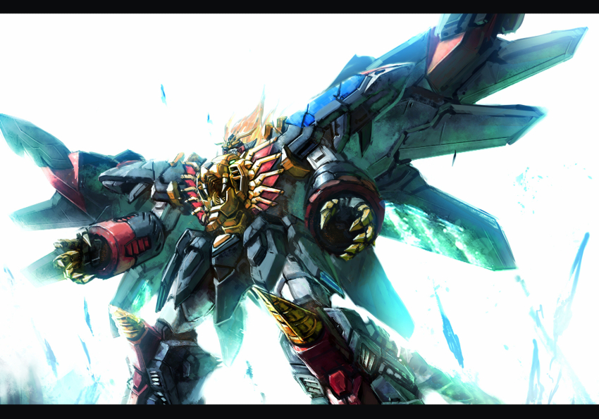 commentary_request drill feet_out_of_frame floating_hair genesic_gaogaigar highres long_hair mecha mecha_focus no_humans orange_hair ra_(pixiv120326) robot science_fiction simple_background solo standing super_robot v-fin white_background yellow_eyes yuusha_ou_gaogaigar yuusha_ou_gaogaigar_final yuusha_series
