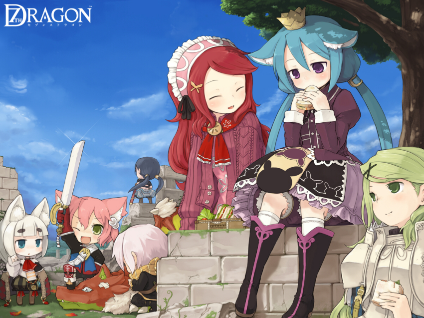 1boy 5girls 6+girls 7010 7th_dragon 7th_dragon_(series) animal_ears blue_eyes boots crown dress fighter_(7th_dragon) food green_eyes green_hair hair_ornament hairpin harukara_(7th_dragon) healer_(7th_dragon) ikurakun_(7th_dragon) kate_(7th_dragon) knight_(7th_dragon) mage_(7th_dragon) momomeno_(7th_dragon) multiple_girls pink_hair princess_(7th_dragon) red_hair ribbon rogue_(7th_dragon) rosary_(7th_dragon) samurai_(7th_dragon) samurai_(7th_dragon) sandwich scarf shishimaru_(7th_dragon) skirt sword twintails weapon white_hair yac_(7th_dragon)