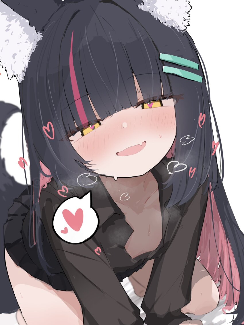 1girl animal_ear_fluff animal_ears black_hair black_shirt blush collared_shirt colored_inner_hair commentary_request commission fang fox_ears fox_girl fox_tail hair_ornament hairclip heart heart_in_eye heavy_breathing highres hino_hinoki indie_virtual_youtuber long_hair long_sleeves looking_at_viewer multicolored_hair nyashiro_(sgylk) open_mouth pink_hair second-party_source shirt skeb_commission skin_fang smile solo speech_bubble spoken_heart sweat symbol_in_eye tail two-tone_hair very_long_hair virtual_youtuber yellow_eyes