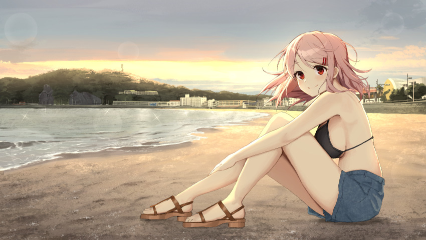 1girl absurdres bare_shoulders beach bikini black_bikini blue_shorts breasts brown_sandals hair_ornament hairclip highres large_breasts looking_to_the_side original pink_hair red_eyes sandals shorts sideboob sitting smile solo swimsuit tsujiya_okuyasu