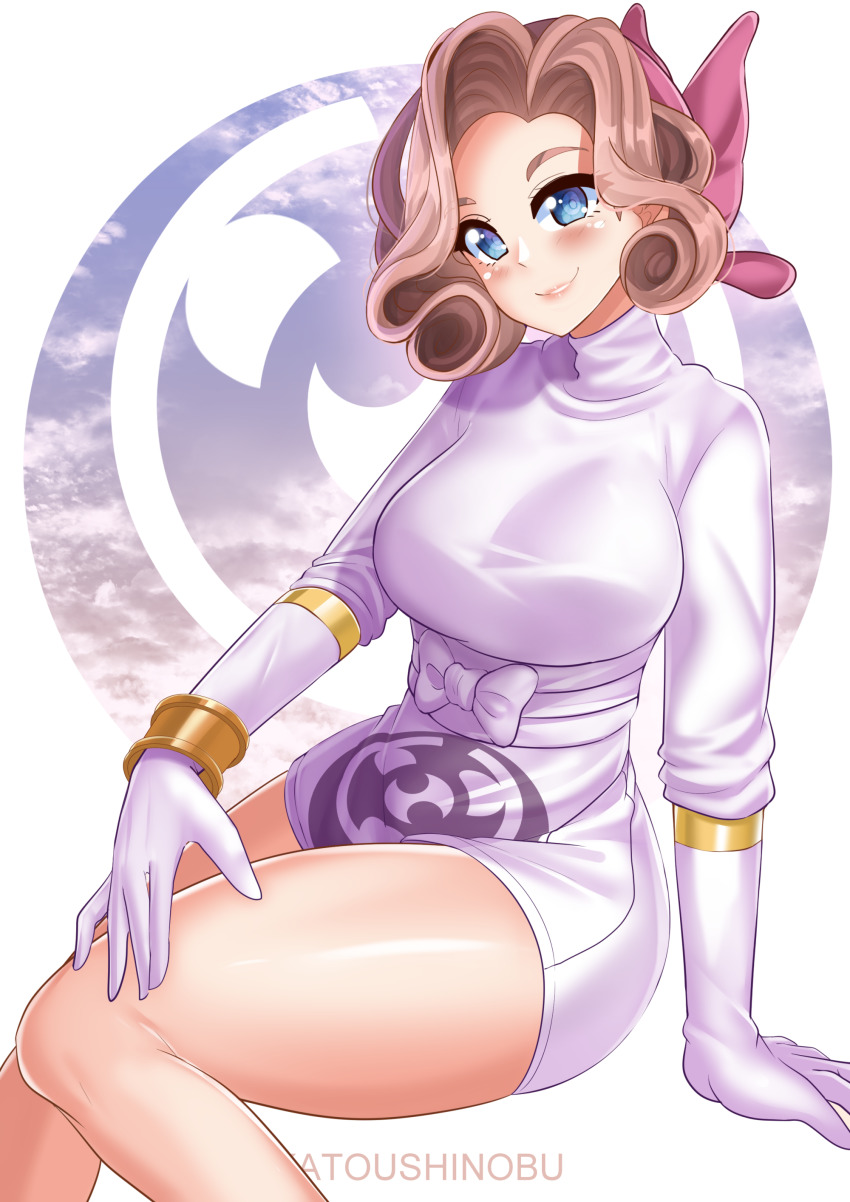 1girl absurdres arm_support artist_name bandana bare_legs blue_eyes blush bow bracelet breasts brown_hair butterfly_hair_ornament clothes_theft curly_hair dress gloves hair_ornament highres invisible_chair jewelry katou_shinobu looking_at_viewer nintendo palina_(pokemon) pearl_clan_outfit pink_bandana pokemon pokemon_legends:_arceus ribbon shirt short_shorts shorts sitting smile solo swimsuit_theft theft thick_eyebrows thick_thighs thighs turtleneck turtleneck_dress wavy_hair white_background white_bow white_dress white_gloves white_shirt