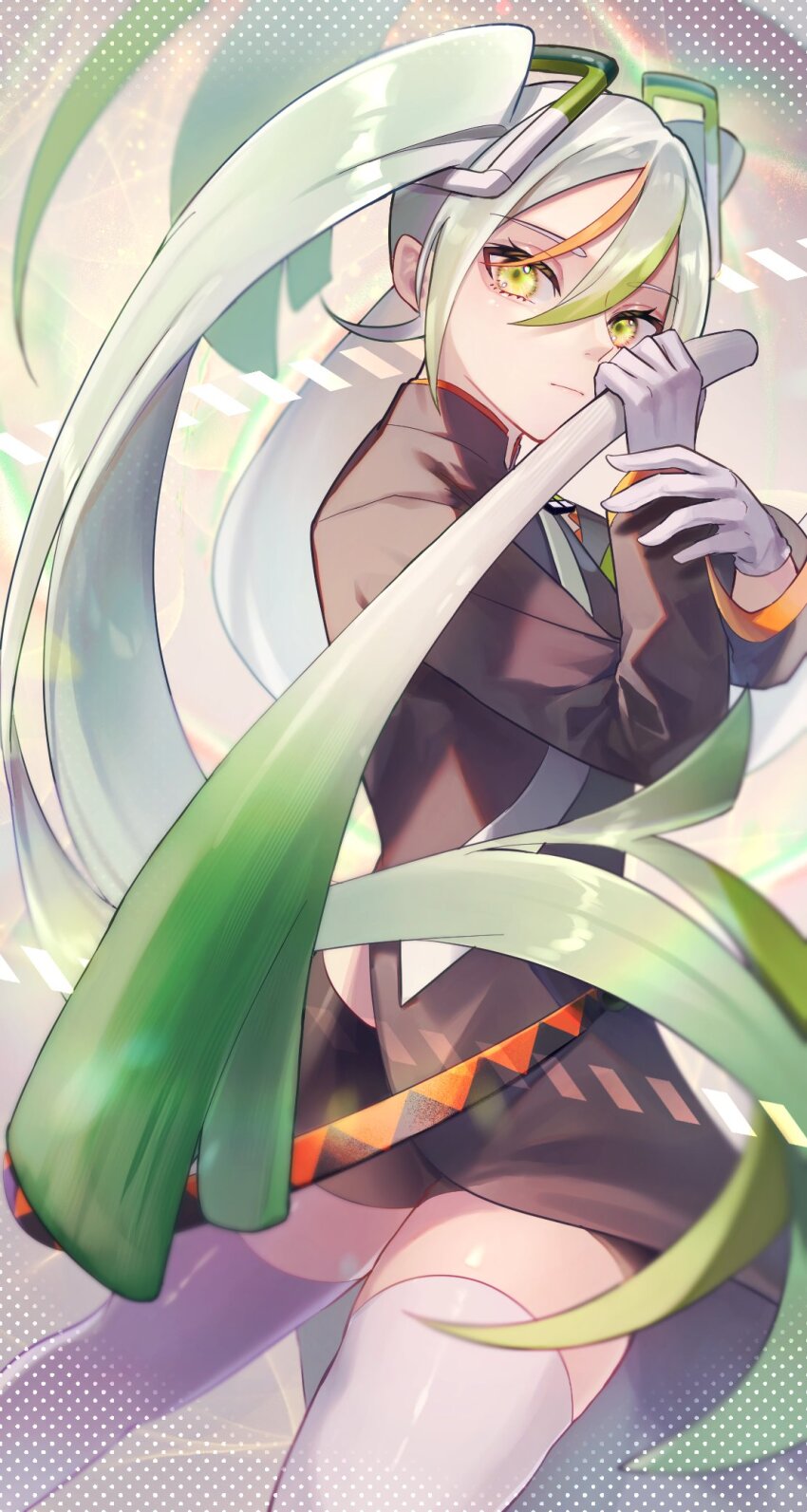 1girl bike_shorts black_coat coat eyeshadow fighting_miku_(project_voltage) food game_freak gloves hair_between_eyes hatsune_miku highres holding holding_food holding_spring_onion holding_vegetable long_hair long_sleeves looking_at_viewer makeup mipi multicolored_hair necktie nintendo orange_trim pokemon project_voltage side_slit spring_onion thighhighs twintails vegetable very_long_hair vocaloid white_gloves white_necktie white_thighhighs yellow_eyes