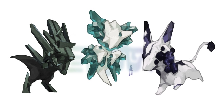 animal_ears aqua_gemstone aquamarine_(gemstone) black_gemstone black_skin colored_skin creature creature_focus crystal full_body gem highres microw no_humans obsidian_(gemstone) original purple_gemstone signature simple_background snout spikes tail white_background white_skin