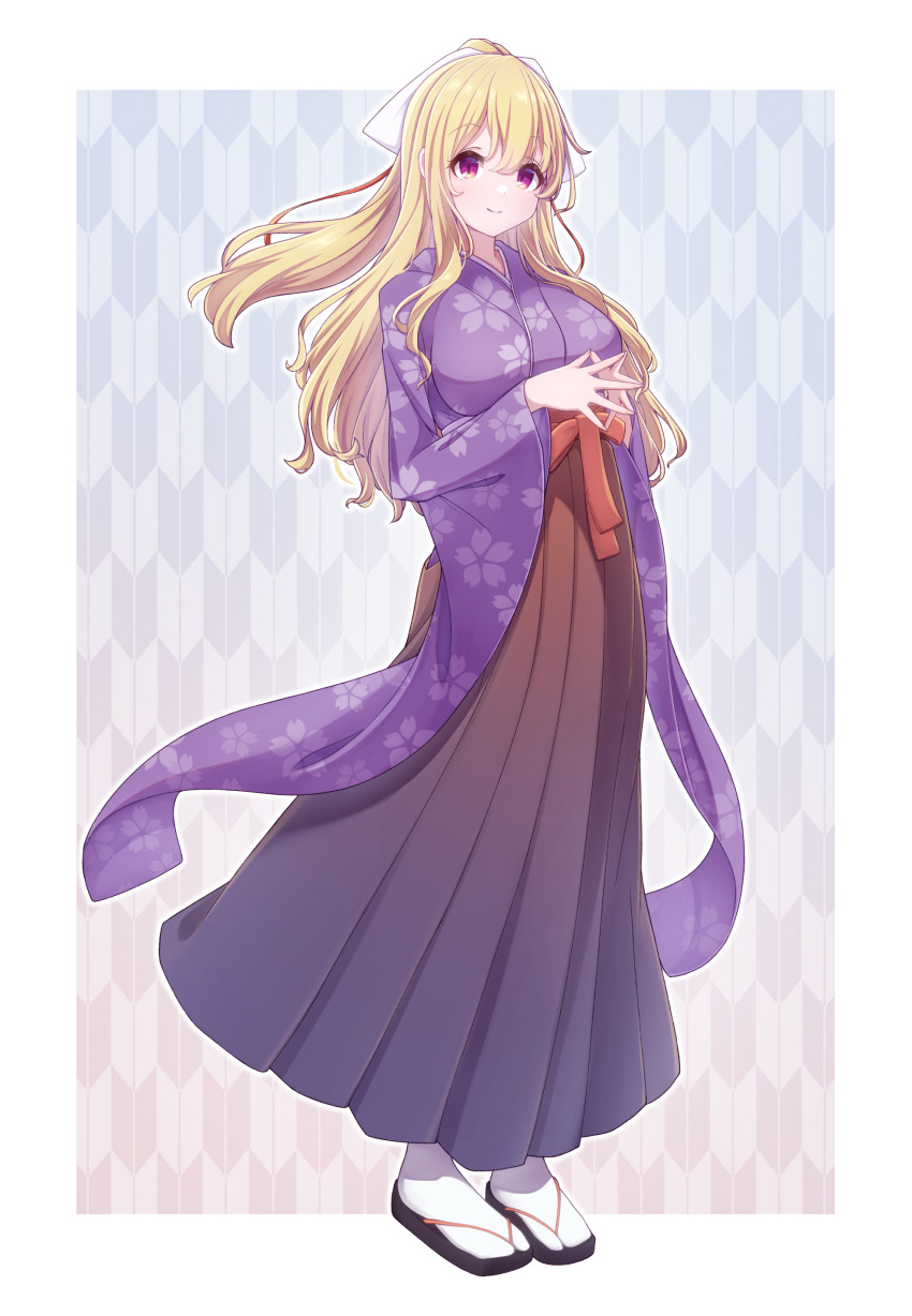 1girl absurdres alternate_costume blonde_hair bow breasts closed_mouth commentary_request hair_bow hakama hakama_skirt hashi2387 highres japanese_clothes kimono long_hair long_sleeves maribel_hearn okobo own_hands_together petal_print platform_sandals print_kimono purple_kimono red_eyes sandals skirt smile socks solo steepled_fingers tabi touhou white_bow white_socks wide_sleeves