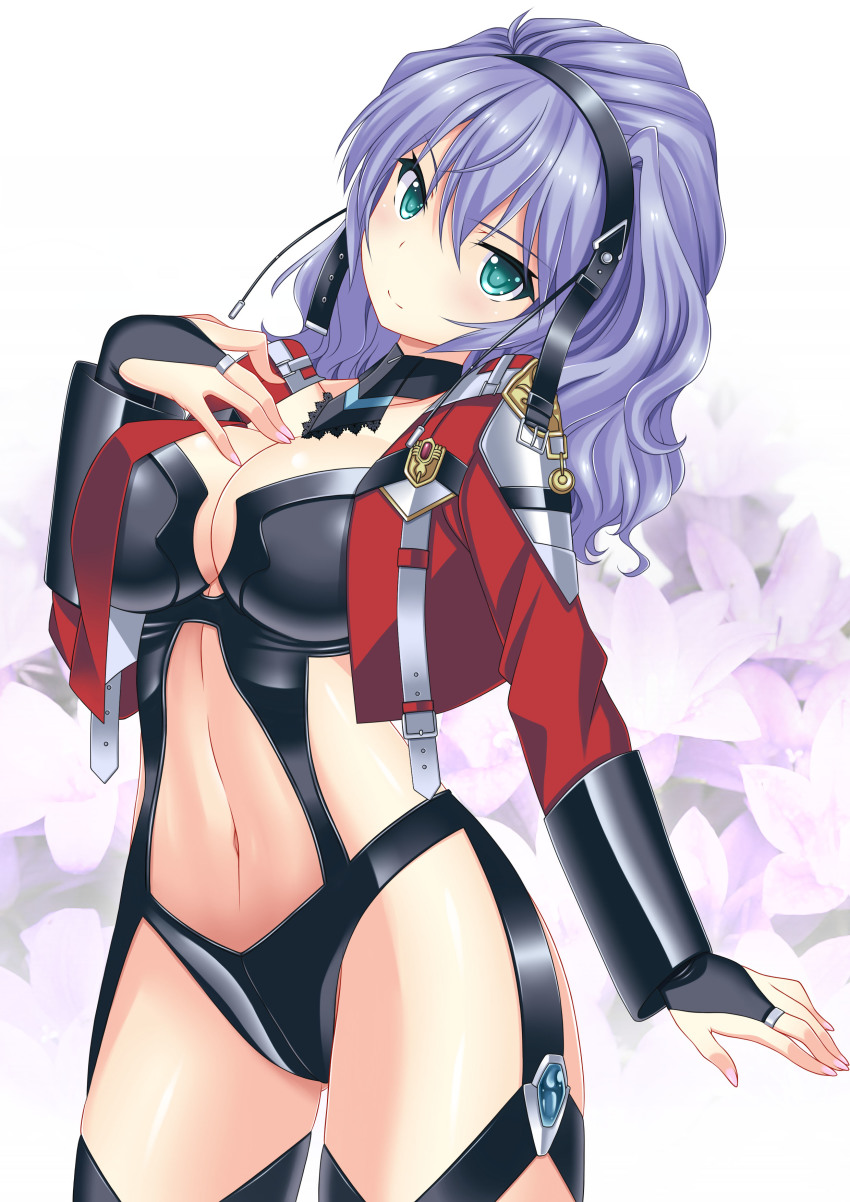 1girl absurdres aqua_centolm breasts bridal_gauntlets cleavage cropped_jacket floral_background green_eyes hairband hatsune_haruka highres large_breasts navel purple_hair revealing_clothes smile super_robot_wars super_robot_wars_mx wavy_hair
