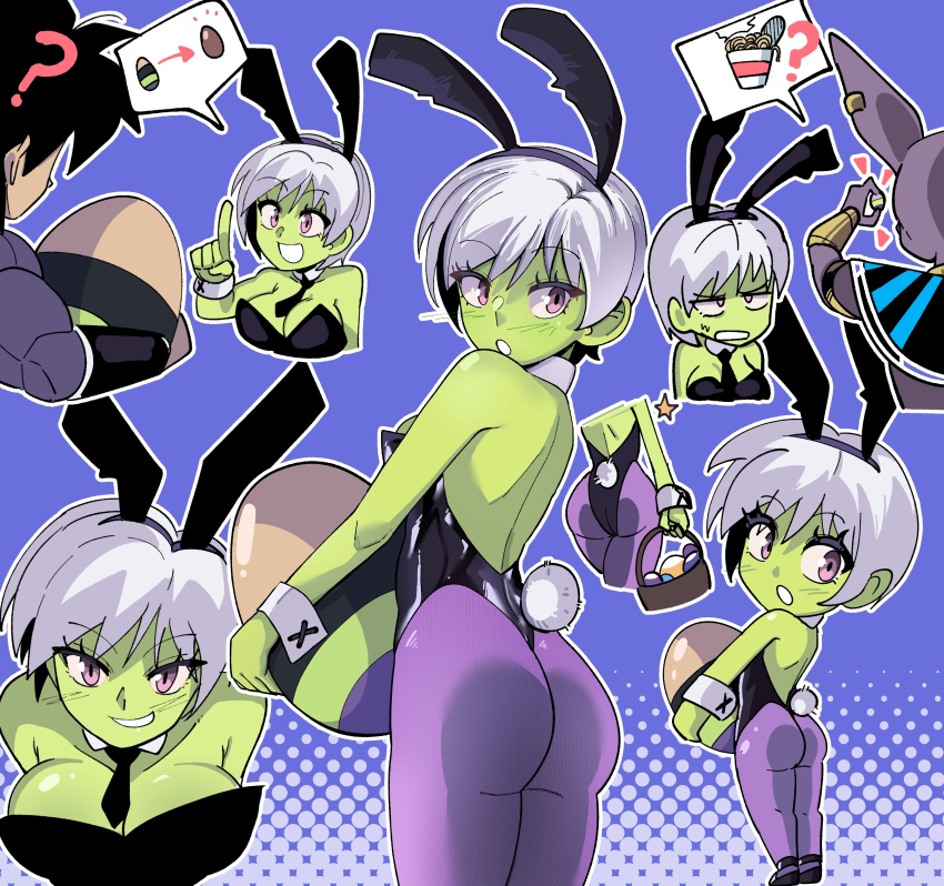 1girl 2boys ? absurdres animal_ears bare_shoulders beerus black_hair black_necktie blush breasts broly_(dragon_ball_super) cat_boy cheelai chibi cleavage colored_skin commentary confused cup_ramen detached_collar dragon_ball dragon_ball_super dragon_ball_super_broly easter_egg egg english_commentary fake_animal_ears fake_tail food green_skin happy_easter highres holding holding_egg large_breasts leotard looking_at_another looking_back multiple_boys multiple_views muscular muscular_male navietta necktie noodles open_mouth pantyhose playboy_bunny purple_background purple_eyes purple_pantyhose rabbit_ears rabbit_tail ramen saiyan seductive_smile short_hair smile sweatdrop tail white_hair