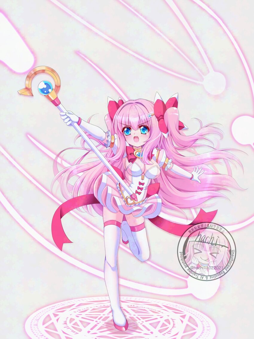 1girl :o back_bow blue_eyes boots bow breasts brooch elbow_gloves full_body gloves hachi_(hachi11022021) hair_bow hair_intakes hair_ornament hairclip heart heart_brooch highres holding holding_wand jewelry large_breasts long_hair looking_up magic magic_circle magical_girl open_mouth oppai_loli original pink_bow pink_hair signature solo standing standing_on_magic_circle standing_on_one_leg thigh_boots thighhighs two_side_up wand watermark white_background white_gloves white_thighhighs zettai_ryouiki