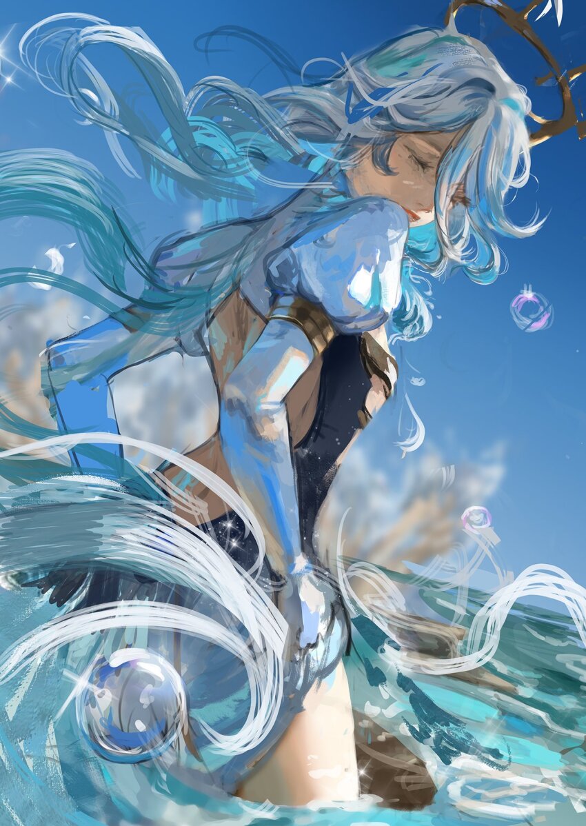 1girl back_cutout black_dress blue_hair blue_sky blurry bubble closed_eyes closed_mouth clothing_cutout commentary cowboy_shot day dress elbow_gloves english_commentary floating_hair furina_(genshin_impact) genshin_impact gloves hair_between_eyes halo highres long_hair multicolored_hair ocean outdoors puffy_short_sleeves puffy_sleeves rock short_sleeves sky solo sparkle standing two-tone_dress two-tone_hair wavy_hair whails white_dress white_gloves white_hair