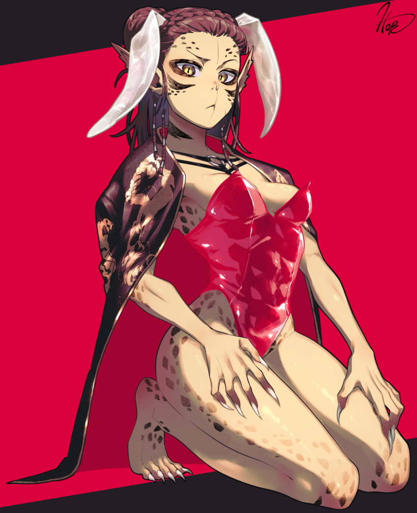 1girl animal_ears baldur&#039;s_gate baldur&#039;s_gate_3 barefoot breasts brown_hair cleavage colored_skin commentary covered_abs dungeons_&amp;_dragons dungeons_&amp;_dragons facial_mark fingernails gith_(d&amp;d) hair_bun highres imozonokan kneeling lae&#039;zel leotard nontraditional_playboy_bunny o-ring pointy_ears rabbit_ears red_leotard sharp_fingernails sharp_toenails signature single_hair_bun slit_pupils small_breasts solo strapless strapless_leotard toenails yellow_eyes yellow_skin