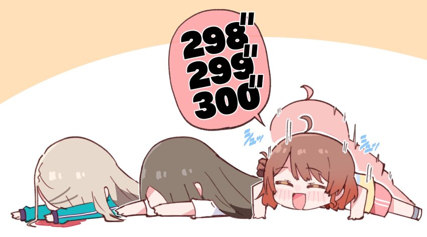 3girls ahoge alternate_costume blood blue_hair blush brown_hair chibi closed_eyes counting exercising fainted gakuen_idolmaster hair_ornament hanami_ume highres idolmaster kuramoto_china light_blue_hair long_hair medium_hair multiple_girls open_mouth purin_a_la_mode_(popup) push-ups shinosawa_hiro simple_background