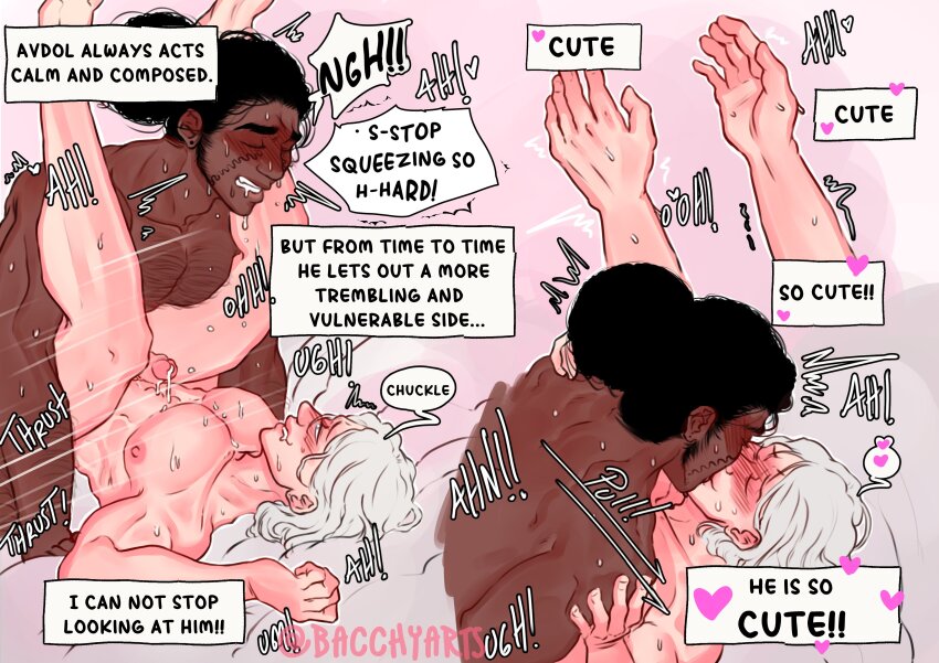 2boys absurdres anal bacchyarts black_hair blush completely_nude couple cum dark-skinned_male dark_skin drooling ejaculating_while_penetrated ejaculation english_text grey_hair highres interracial jean_pierre_polnareff jojo_no_kimyou_na_bouken kiss male_focus male_penetrated mohammed_avdol multiple_boys nipples nude on_bed pectorals sex speech_bubble stardust_crusaders sweat thought_bubble yaoi