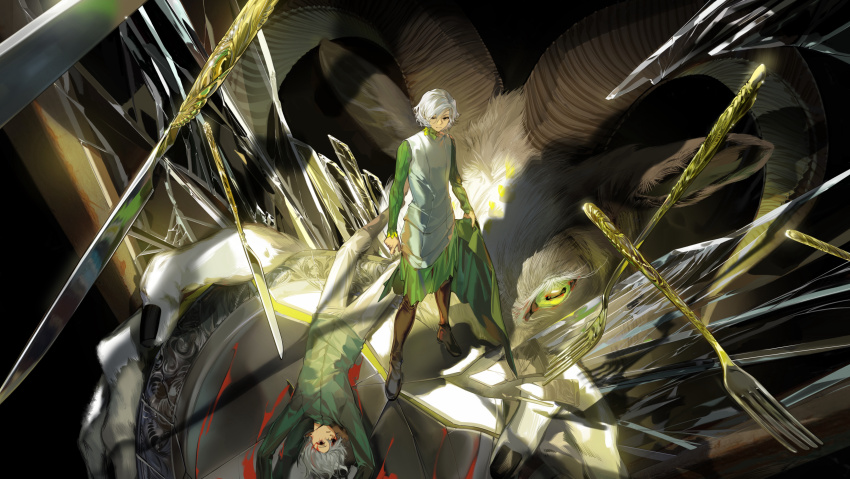 2boys absurdres arlizi black_eyes black_nails bleeding blood bloody_tears boots broken_glass broken_plate brown_footwear butter_knife cape closed_mouth dual_persona dungeon_meshi elf fork from_above glass goat_(dungeon_meshi) green_cape green_shirt grey_pants grey_tunic hair_between_eyes highres holding holding_unworn_cape holding_unworn_clothes knee_boots lazy_eye long_sleeves looking_at_viewer lying male_focus mithrun multiple_boys nail_polish on_back oversized_object pants parted_lips plate pointy_ears shirt short_hair sleeves_past_wrists standing thigh_boots tunic unworn_cape white_hair