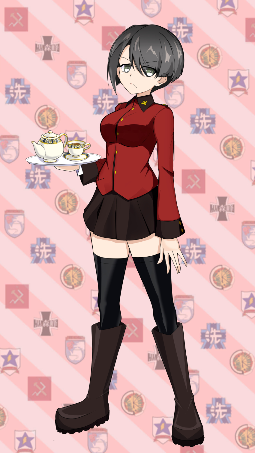 1girl absurdres anzio_(emblem) black_boots black_hair black_skirt boots closed_mouth cup earrings emblem frown full_body girls_und_panzer girls_und_panzer_senshadou_daisakusen! green_eyes hair_over_one_eye highres holding holding_tray jacket jewelry knee_boots kuromorimine_(emblem) long_sleeves looking_at_viewer military_uniform miniskirt ooarai_(emblem) parody pleated_skirt pravda_(emblem) red_jacket saucer saunders_(emblem) shibainutank short_hair skirt solo st._gloriana&#039;s_(emblem) st._gloriana&#039;s_military_uniform standing stud_earrings teacup teapot tray vanilla_(girls_und_panzer)
