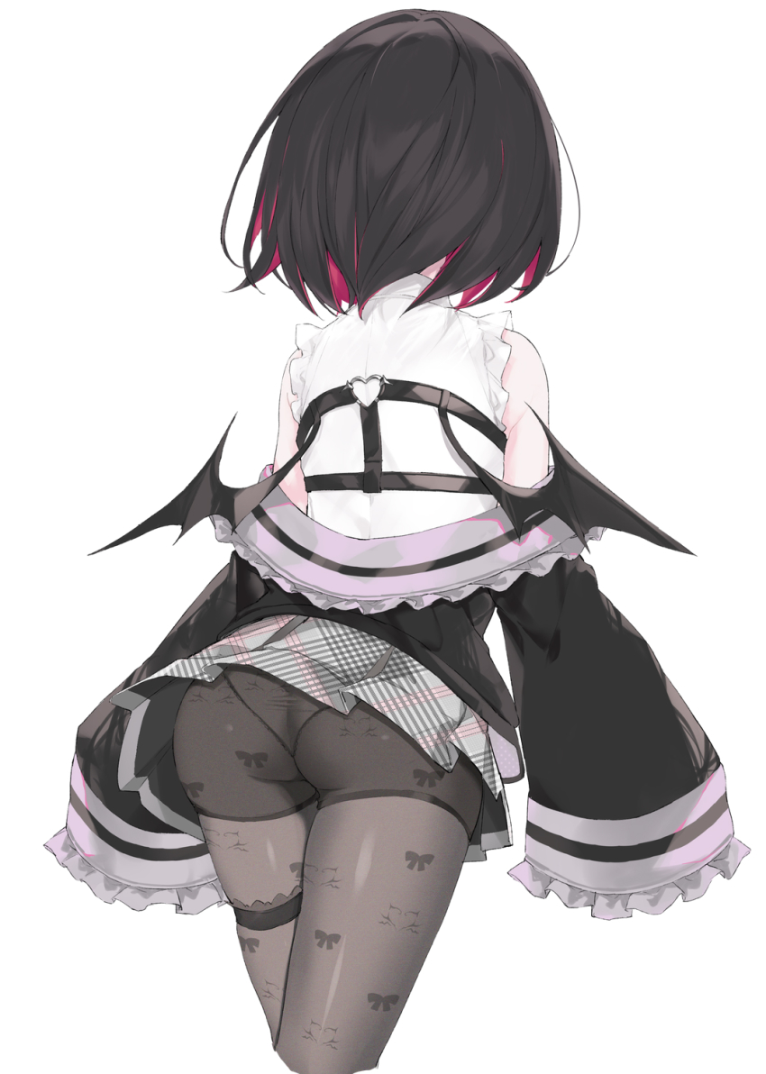 1girl ass black_hair black_jacket black_pantyhose commentary_request cropped_legs frilled_sleeves frills from_behind grey_background heart highres indie_virtual_youtuber jacket long_sleeves nanananana panties panties_under_pantyhose pantyhose plaid_clothes plaid_skirt rikotan_(vtuber) shirt short_hair simple_background skirt solo thigh_strap underwear virtual_youtuber wedgie white_shirt wide_sleeves wings
