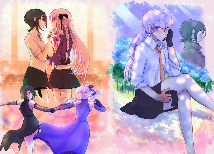 2girls absurdres alternate_costume alternate_hairstyle black_bow black_bowtie black_dress black_gloves black_hair black_skirt blue_eyes bow bowtie dancing danganronpa:_trigger_happy_havoc danganronpa_(series) danganronpa_10th_anniversary_costume danganronpa_3_(anime) dress elbow_gloves gloves grey_jacket hair_ornament highres holding_hands ikusaba_mukuro jacket kirigiri_kyoko multiple_girls multiple_views necktie official_alternate_costume official_alternate_hairstyle orange_necktie purple_dress purple_eyes purple_jacket school_uniform short_hair skirt twinklelitchii