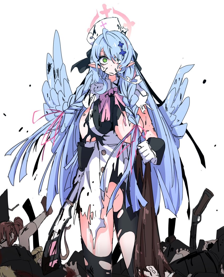 1girl areola_slip blue_archive blue_hair breasts convenient_censoring corpse death dr_yamero dress empty_eyes green_eyes gun hair_over_breasts halo hat highres holding holding_gun holding_weapon long_hair mine_(blue_archive) nurse_cap one_breast_out pantyhose pile_of_corpses pointy_ears thighhighs torn_clothes torn_dress torn_pantyhose torn_sleeves torn_thighhighs weapon white_background wings