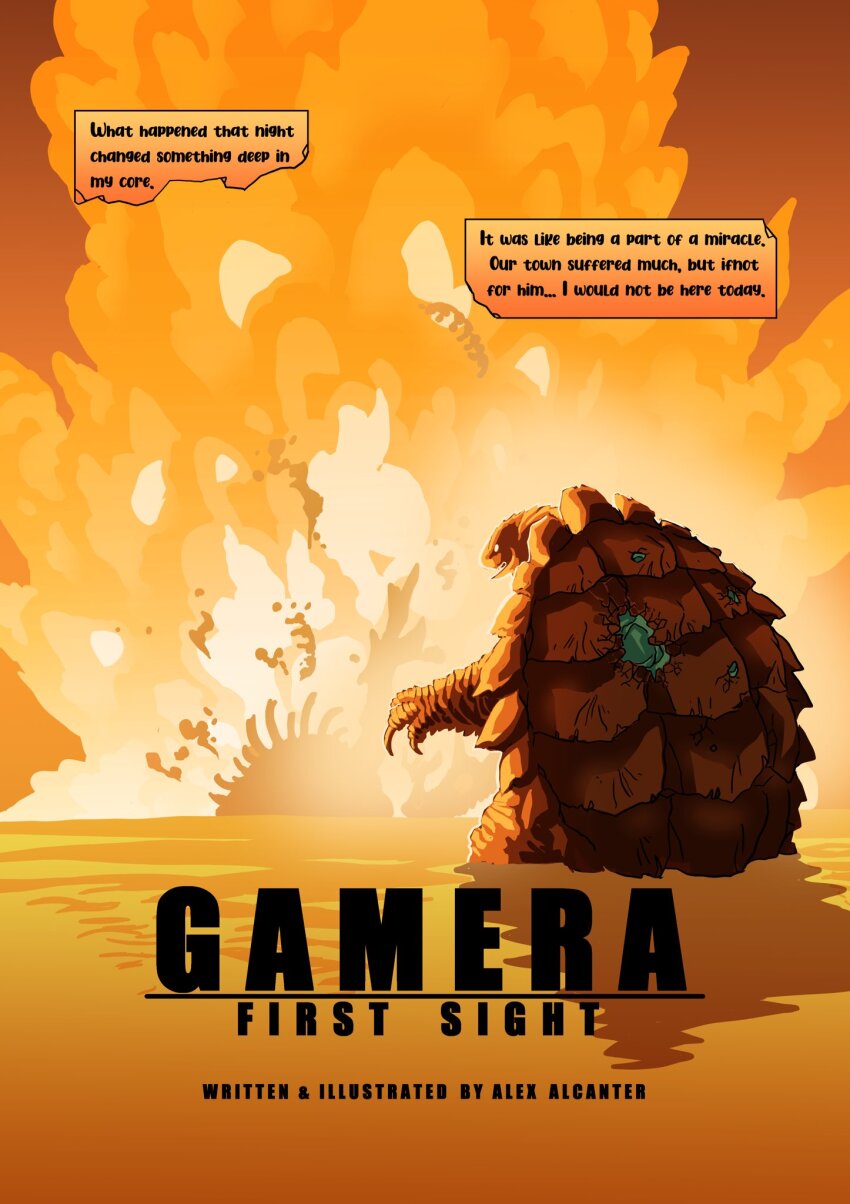 alex_alcanter barugon bleeding blood burning colored_blood daiei_film daiei_motion_picture english_text fire gamera gamera_(series) gamera_vs._barugon glowing glowing_eyes green_blood highres horns injury kadokawa kaiju lizard night no_humans no_pupils sea_monster smoke spikes steam text_focus turtle turtle_shell tusks vapor water white_eyes