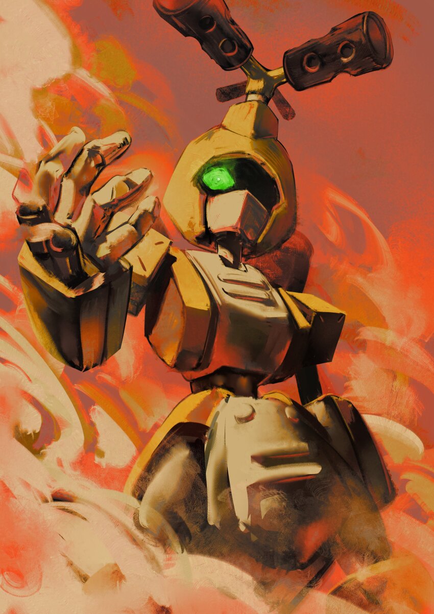 1boy absurdres arm_cannon armor brown_background cowboy_shot green_eyes gun helmet highres hyde_(tabakko) medarot metabee smoke smoking_barrel solo weapon yellow_armor yellow_helmet