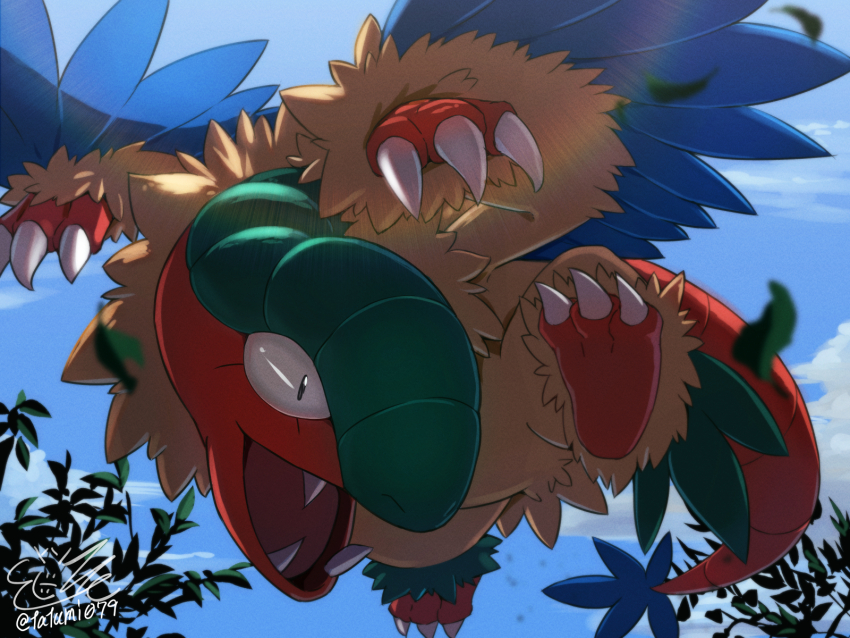 animal_focus archeops artist_name bird black_eyes blue_sky claws cloud day fangs gen_5_pokemon highres lens_flare looking_afar nintendo no_humans open_mouth outdoors pokemon pokemon_(creature) signature sky solo sunlight tatsumi_(panneko) twitter_username