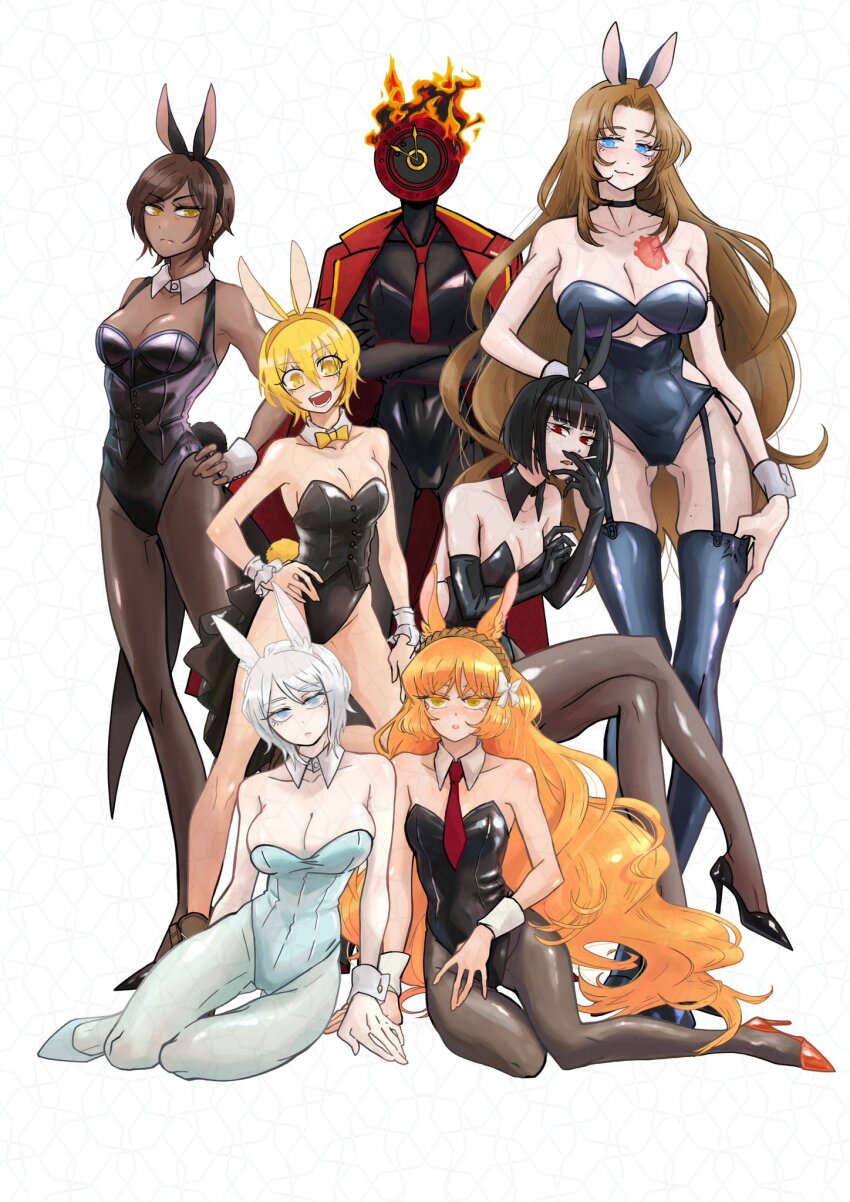 1other 6+girls ajajasta animal_ears black_choker black_pantyhose black_thighhighs blonde_hair blue_eyes brown_pantyhose choker clock crossed_legs dante_(limbus_company) don_quixote_(project_moon) faust_(project_moon) flaming_head highres ishmael_(project_moon) leotard limbus_company long_hair multiple_girls necktie open_mouth orange_hair outis_(project_moon) pants pantyhose project_moon rabbit_ears red_necktie rodion_(project_moon) ryoshu_(project_moon) short_hair simple_background smile thighhighs very_long_hair white_background white_hair white_leotard white_pants yellow_eyes